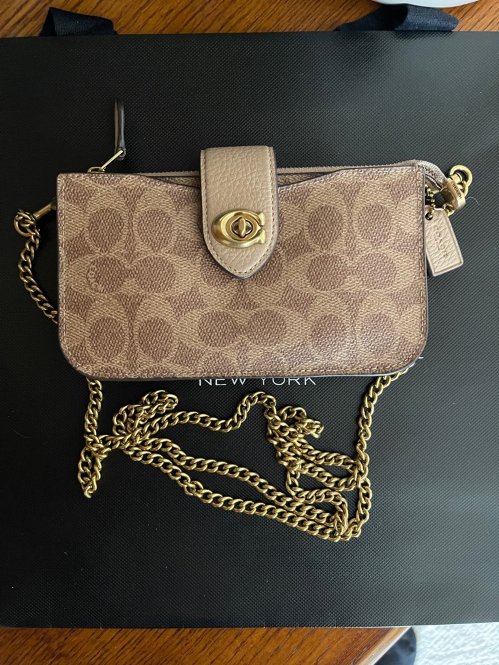 Coach Tan/Brown Signature Canvas Crossbody with Gold Chain